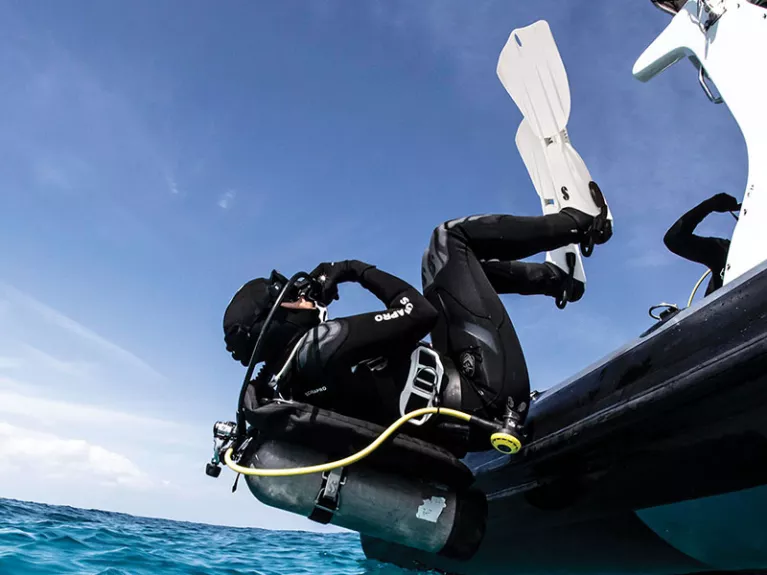 diver rolling off a boat